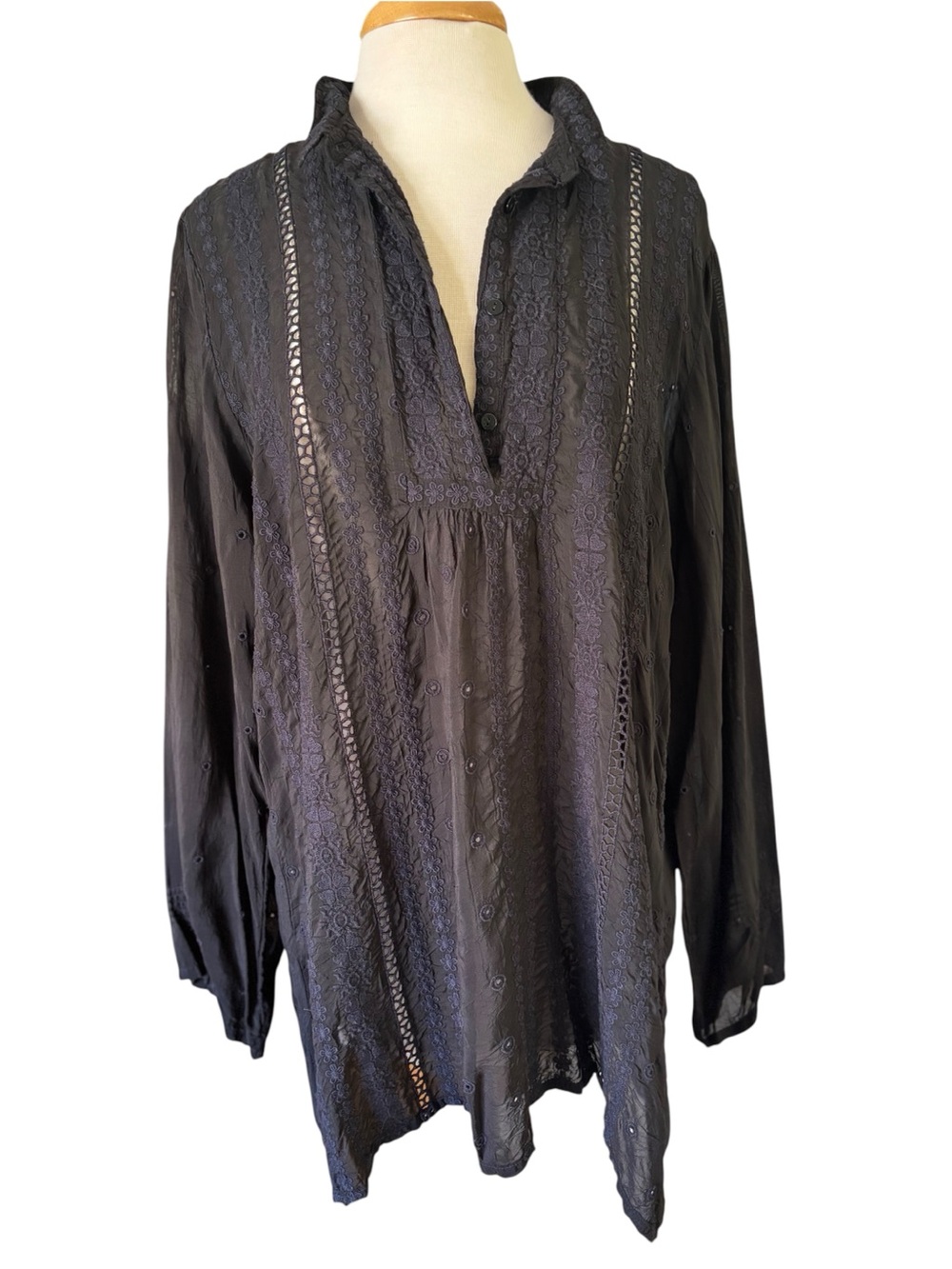 Johnny Was Black Embroidered Tunic Blouse Open Stitch Lace Boho Shirt Plus XL